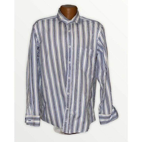 Bugatchi Uomo Flip Cuff Shirt Sz L Mens Blue  White Stripe Circles L/S - Picture 2 of 6